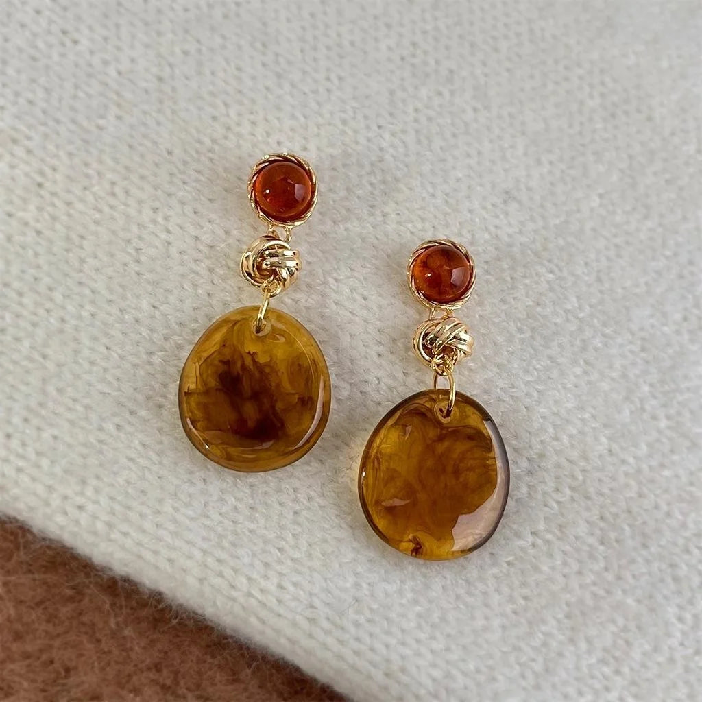 Handmade Maillard Style Amber Resin Geometric Tassel Drop Earrings