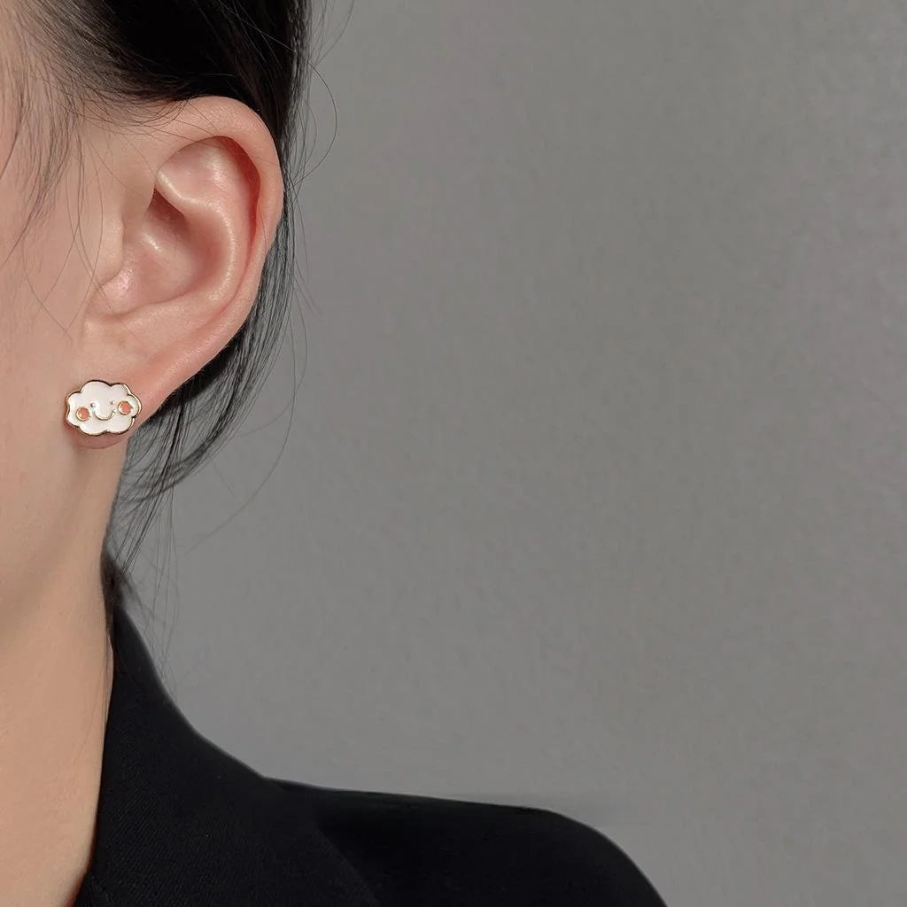 Cute Minimalist White Cloud Enamel Copper 14K Gold Plated Stud Earrings