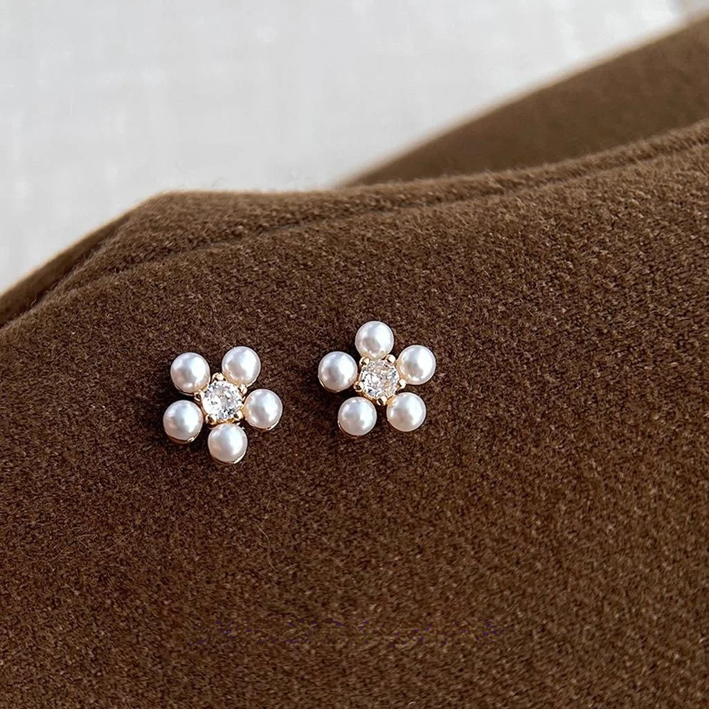 French Vintage Sunflower Pearl Stud Earrings With Micro Pave Zircon, Elegant Floral Silver Plated Pins