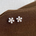 French Vintage Sunflower Pearl Stud Earrings With Micro Pave Zircon, Elegant Floral Silver Plated Pins