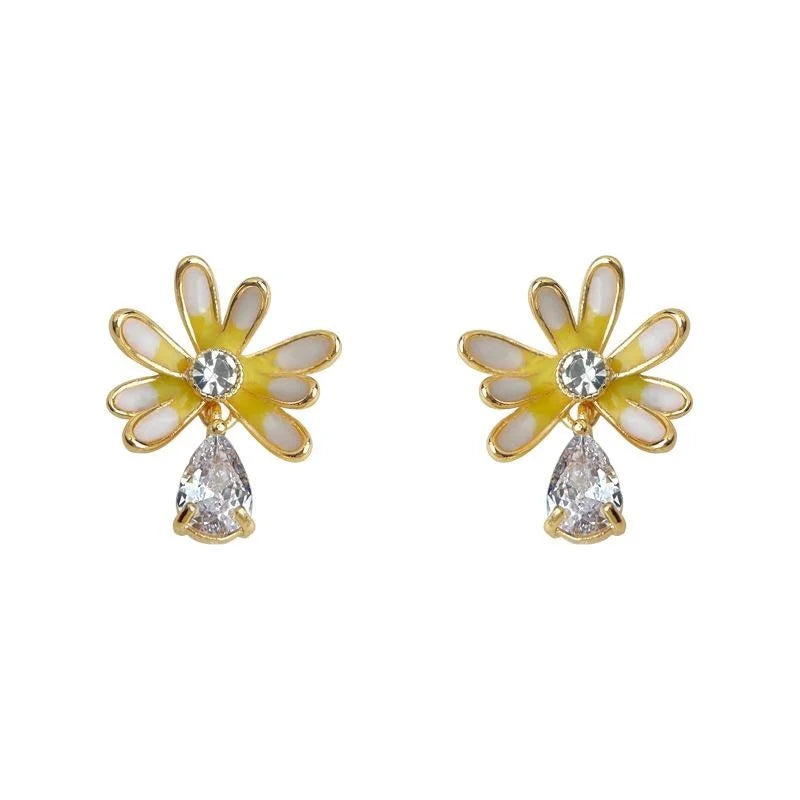 Sweet 14K Gold Plated Copper Yellow Daisy Enamel Zircon Stud Earrings