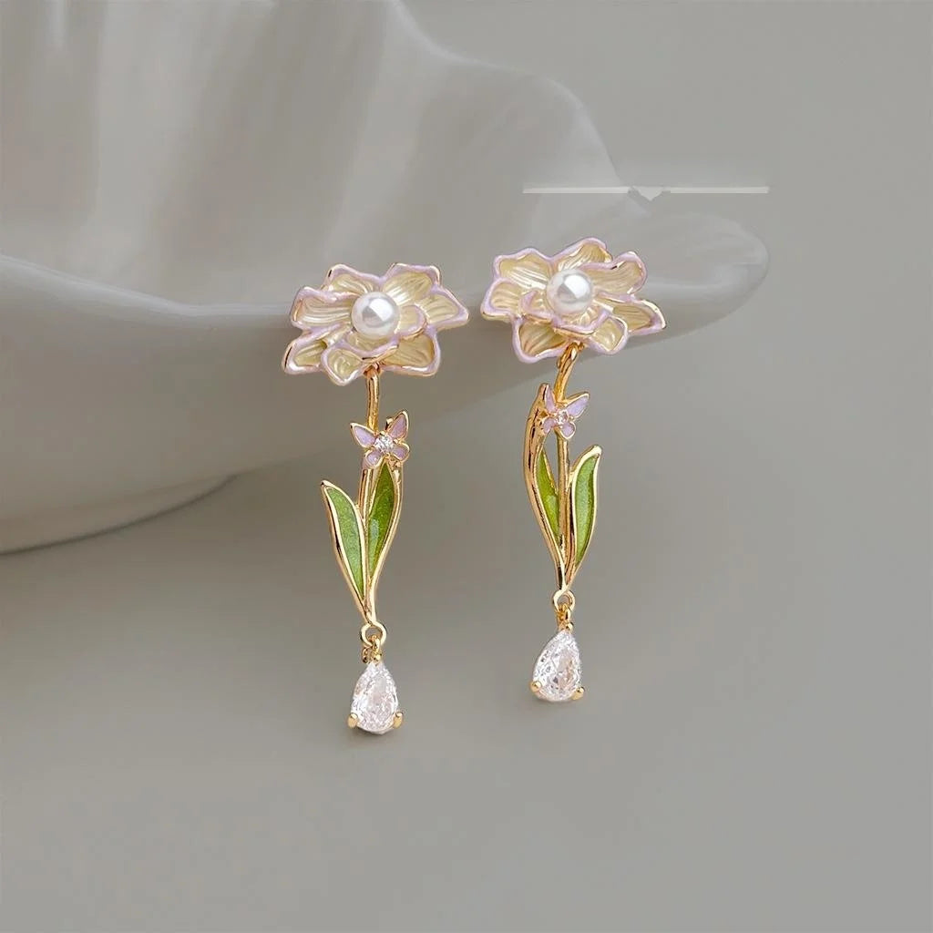 Monet Oil Painting Inspired Enamel Flower Drop Earrings, Copper Zircon Sweet Forest Style