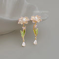 Monet Oil Painting Inspired Enamel Flower Drop Earrings, Copper Zircon Sweet Forest Style