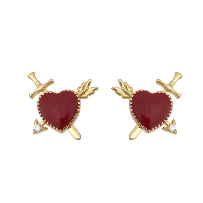 Original Design 18K Gold Plated Copper Heart Arrow Enamel Burgundy Stud Earrings