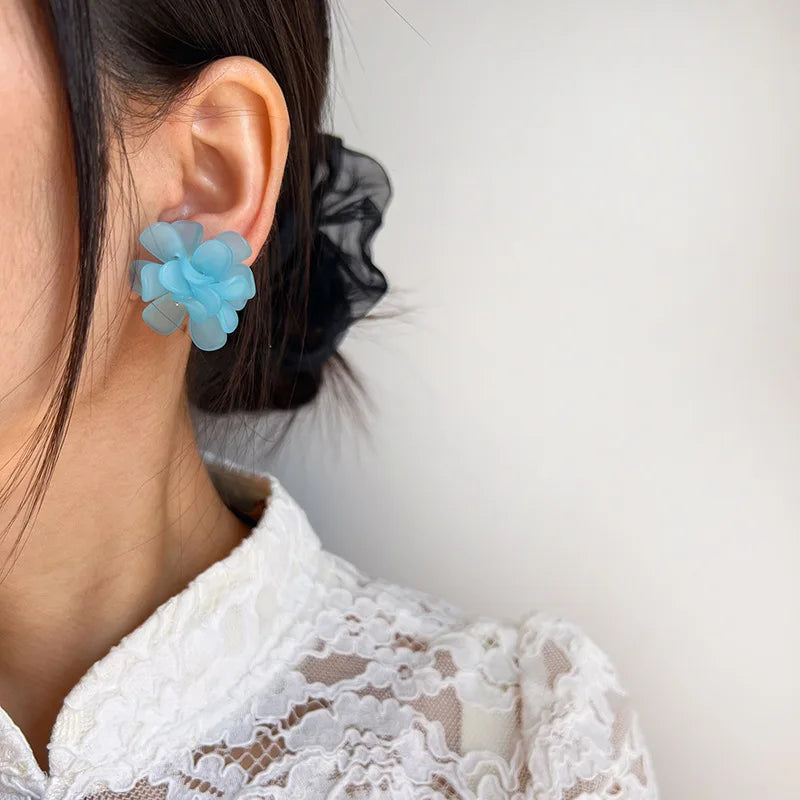 Elegant Blue Acrylic Handmade Flower Stud & Clip On No Piercing French Fairy Forest Earrings