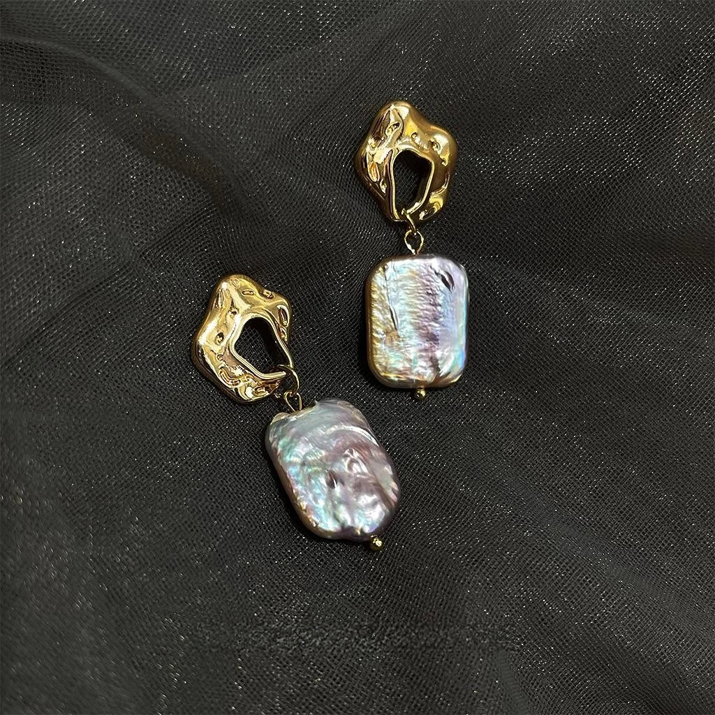 Vintage Baroque Freshwater Pearl Drop Earrings Irregular Geometric Copper French Style
