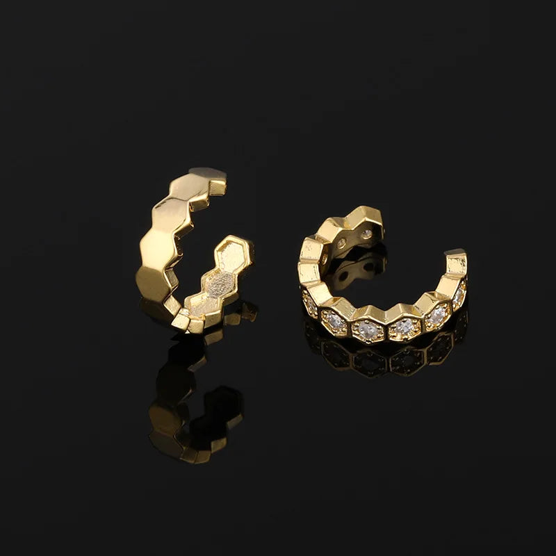 Luxury Gold Hexagon Ear Cuff Stud & Clip On No Piercing Zircon Rhinestone Huggie Hoop Earrings