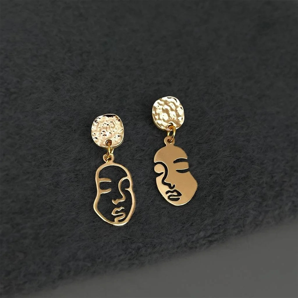 Vintage Copper Abstract Face Stud Earrings Asymmetric 14K Plated Light Luxury Jewelry