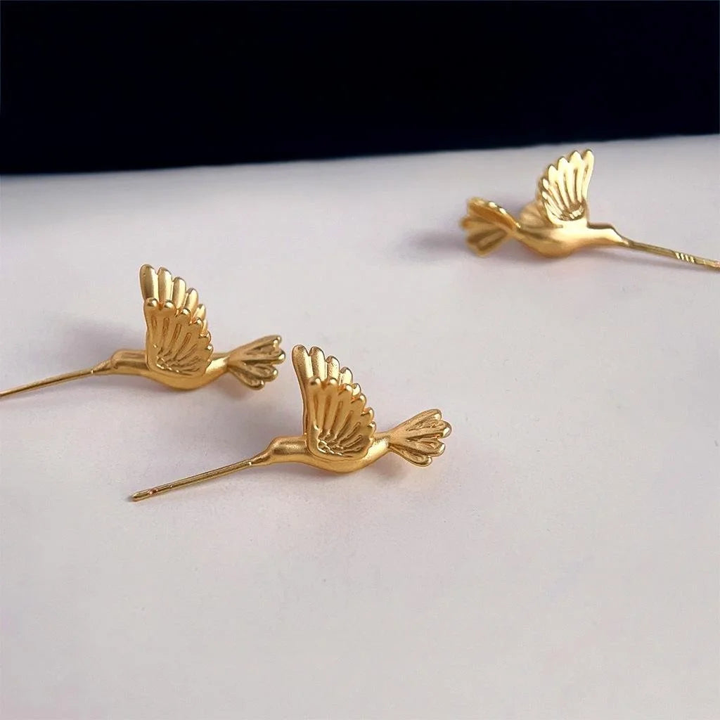 Designer Matte Copper Hummingbird Stud Earrings Artistic Style Bird Jewelry
