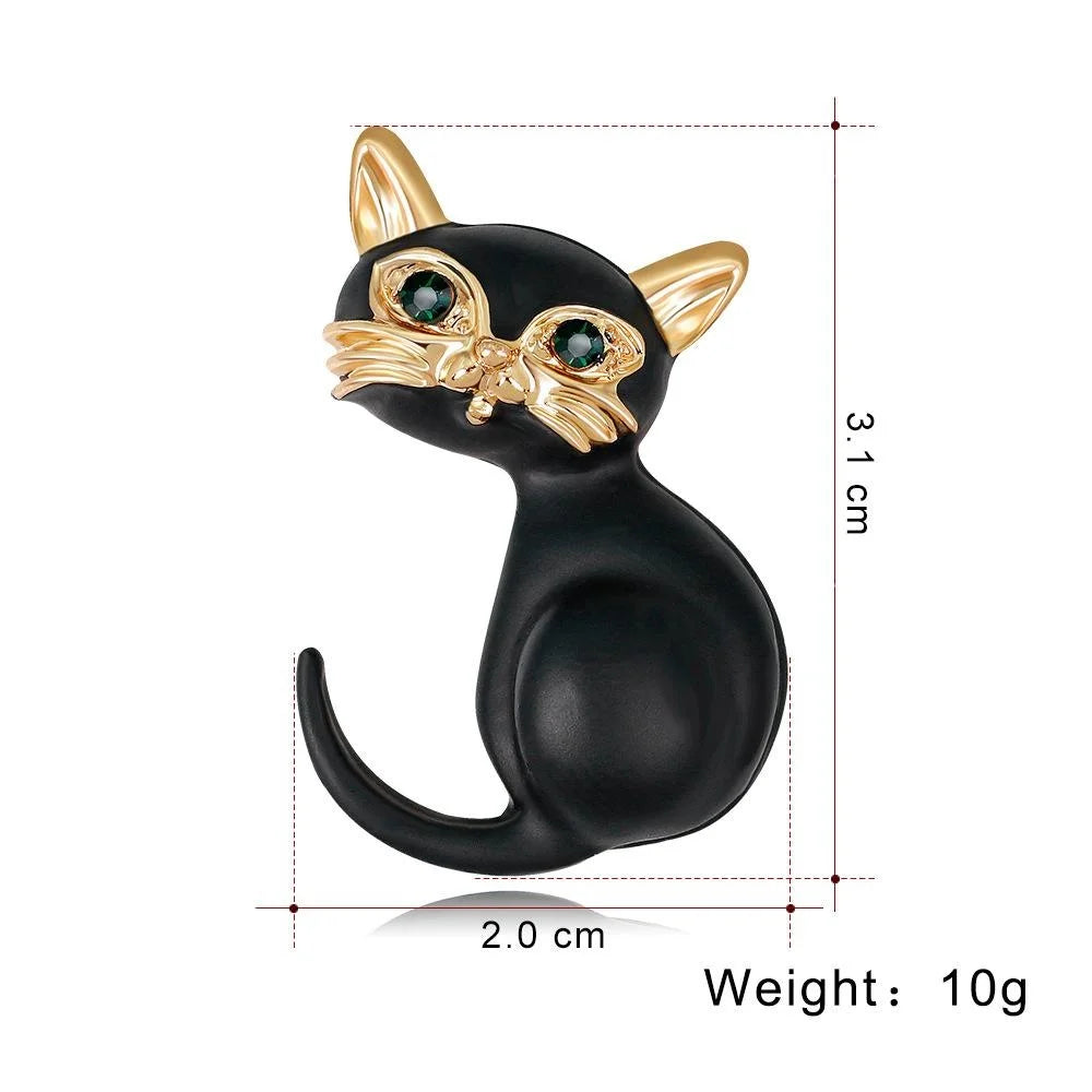 Cute Black Enamel Cat Brooch With Gold Alloy Rhinestone Eyes, Luxury Lapel Pin Corsage Gift For Women
