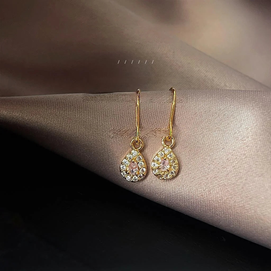 French Luxury Teardrop Micro-Pave Zircon Copper Drop Earrings For Vintage Commuter Style