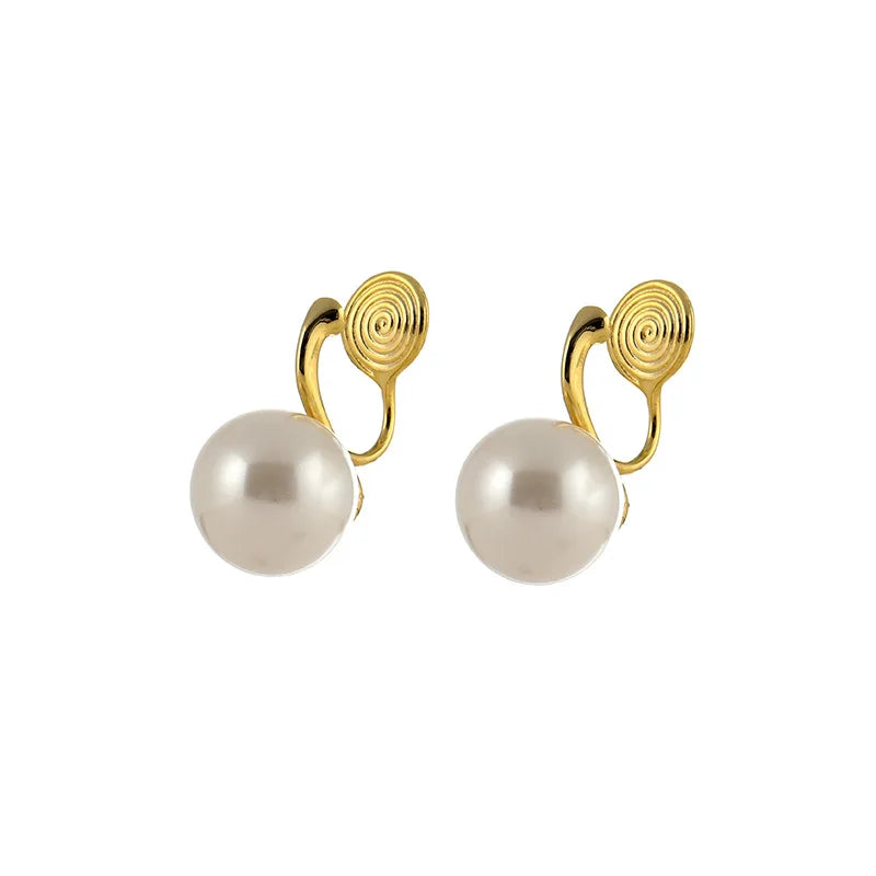 Elegant Luxury High Heel White Pearl Gold Alloy Stud & Clip On No Piercing Spiral Ear Clip Earrings