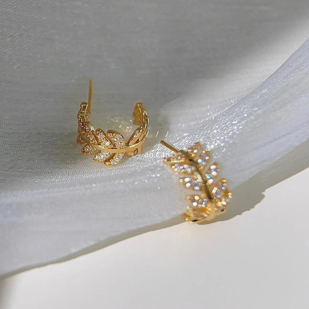 14K Gold Plated Copper Wheat Ear Micro Pave Zircon Stud Earrings Elegant Geometric Jewelry
