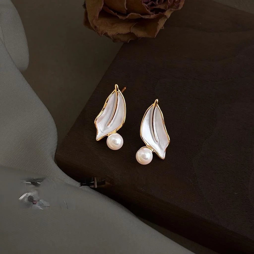 Elegant Forest Style White Leaf Glass Pearl Stud Earrings, Silver Plated Copper