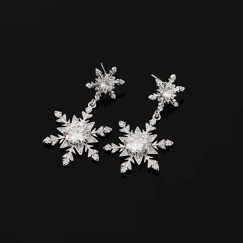 Elegant Luxury Zircon Crystal Snowflake Tassel Dangle For Women, Stud & Clip On No Piercing Earrings