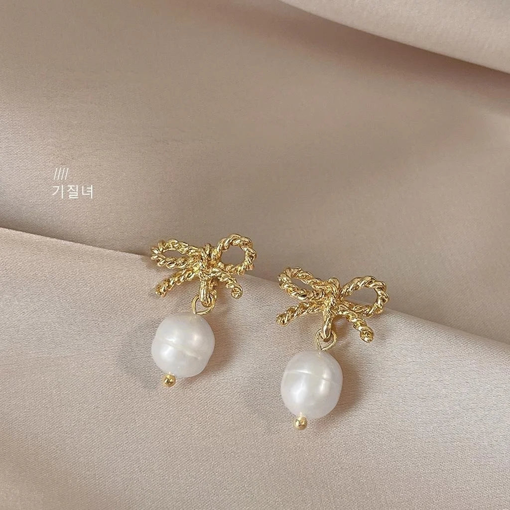 Freshwater Pearl 14K Plated Bowknot Stud Earrings Sweet Handmade Jewelry