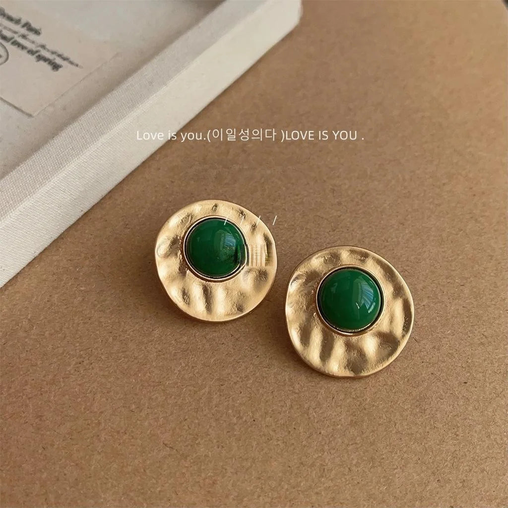 Vintage Old Money Round Geometric Copper Stud Earrings Matte Silver Tone Commuter Jewelry