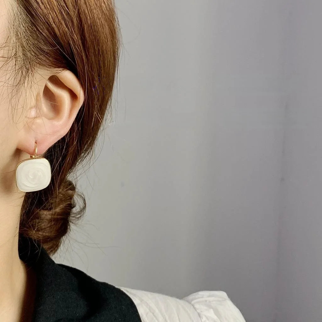 Korean Style Copper Square Enamel Drop Earrings Minimalist French Geometric Ear Jewelry
