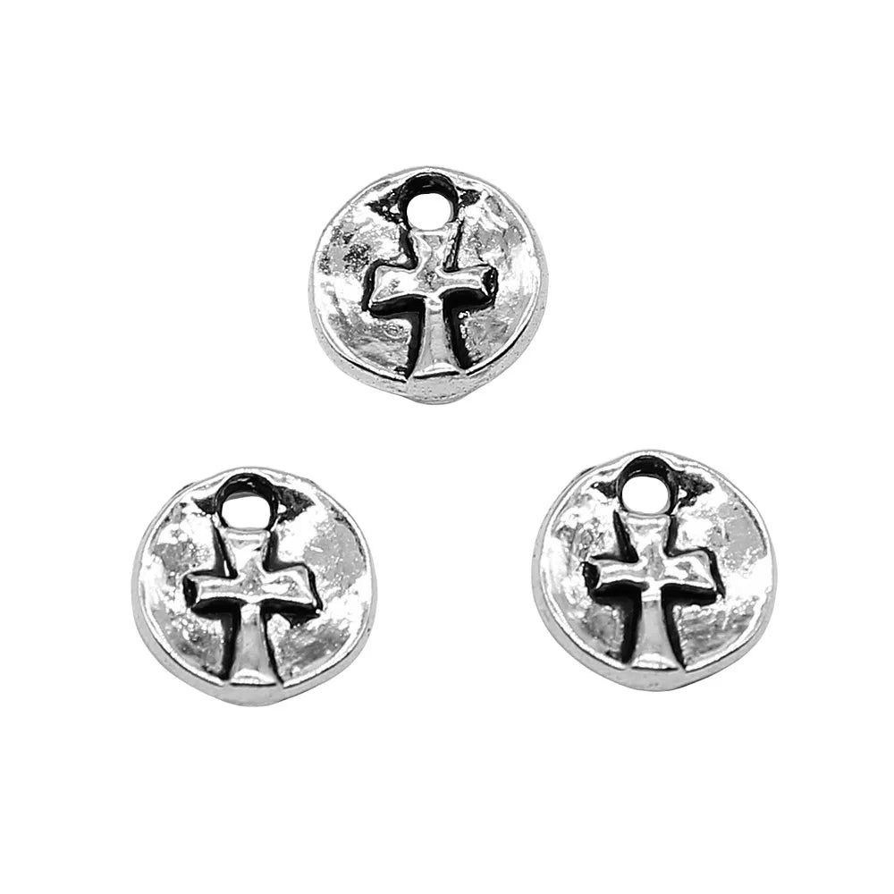 10x10mm 0.6g Antique Silver Zinc Alloy Round Cross Tag Charm Pendant for DIY Bracelet Necklace Making