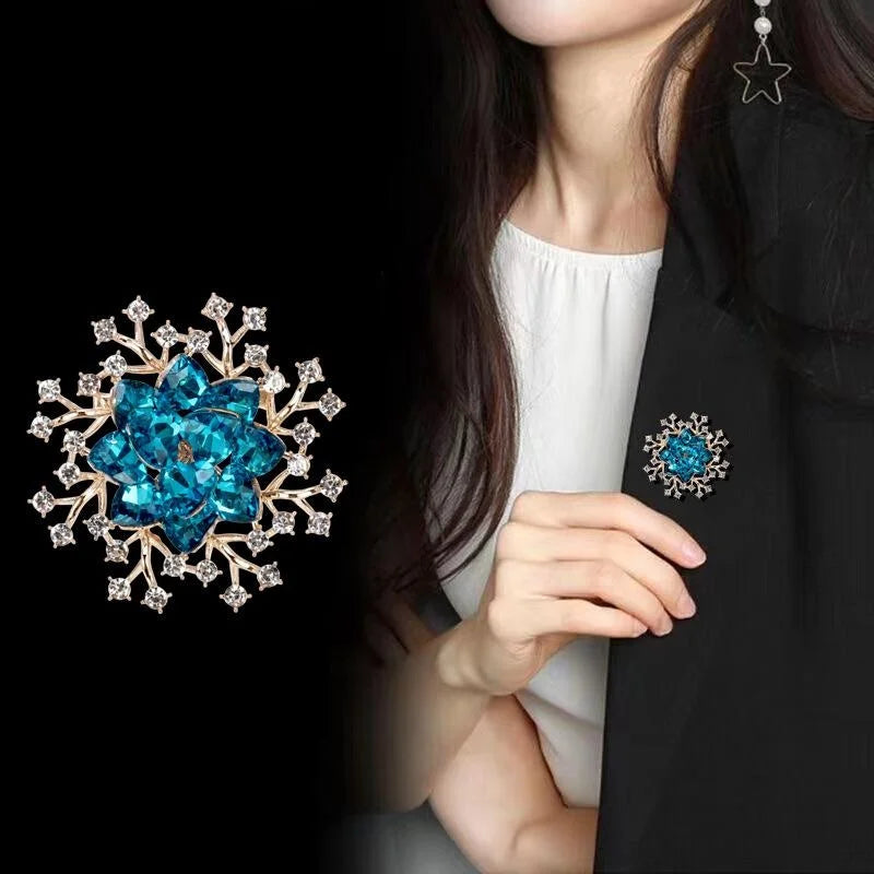 Luxury Blue Crystal Flower Rhinestone Brooch, Gold Alloy Floral Lapel Pin Corsage Suit Accessory Gift