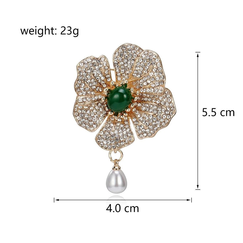 Luxury Rhinestone Camellia Flower Brooch With Green Stone And Pearl Drop, Elegant Lapel Pin Suit Accessory
