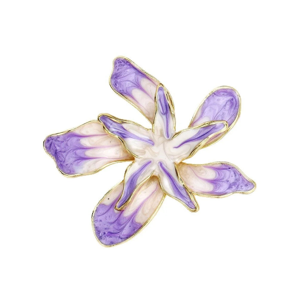 Elegant Purple Enamel Double Layer Five Petal Flower Brooch Gold Tone Alloy Lapel Pin Corsage Suit Accessory