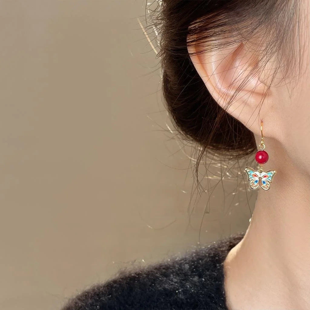 New Chinese Style Copper Double Sided Enamel Butterfly Drop Earrings Handmade Designer Jewelry