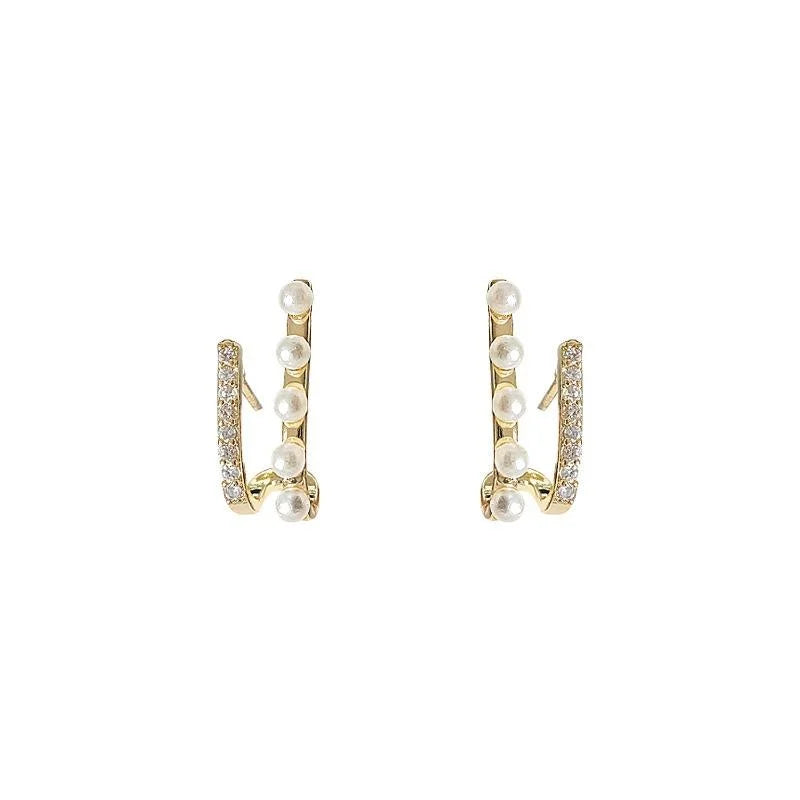 14K Gold Plated Copper Pearl Stud Earrings Micro Pave Zircon Geometric Line Design