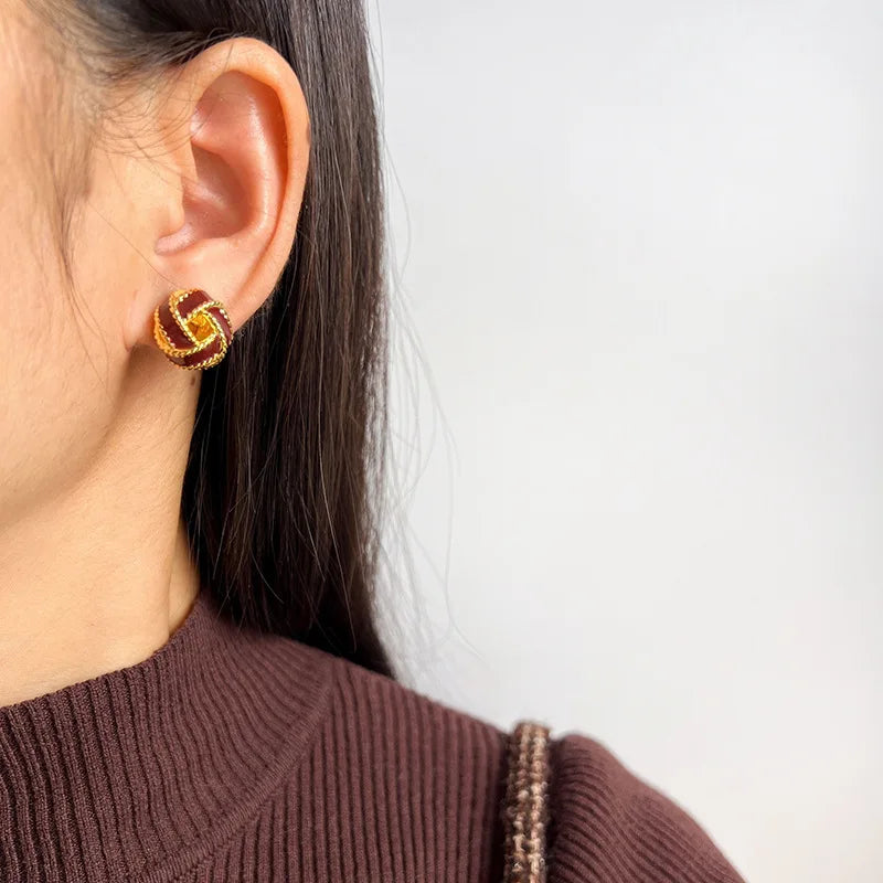 Vintage Red Enamel Concentric Knot Alloy Stud & Clip On No Piercing Luxury Holiday Earrings