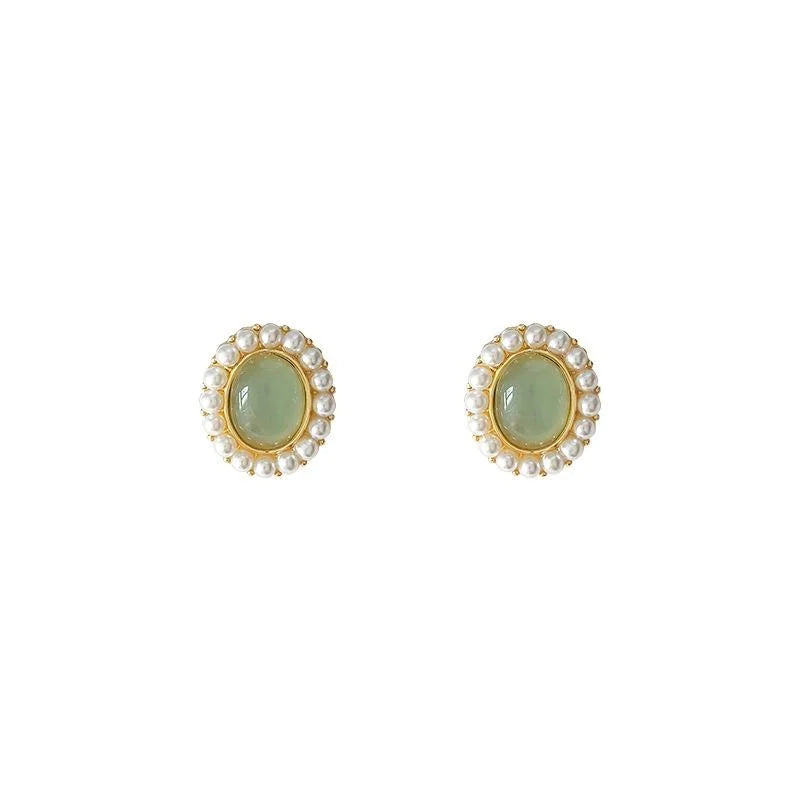 Summer Oval Pearl Stud Earrings 14K Plated Copper Forest Style Jewelry