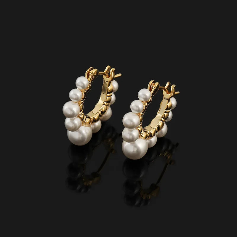 Elegant Gold Alloy Faux Pearl Hoop Stud & Clip On No Piercing Commuter Round Circle Earrings