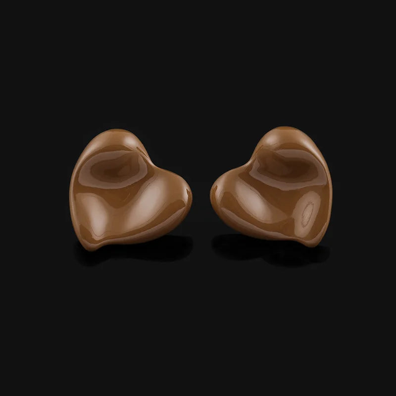 Elegant French Glossy Coffee Brown Enamel Heart Alloy Stud & Clip On No Piercing Statement Earrings