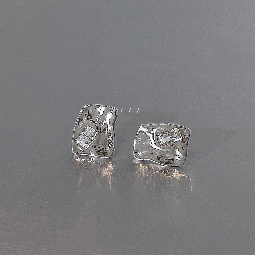 Sweet Cool Irregular Geometric Zircon Copper Stud Earrings With Silver Plated Pins