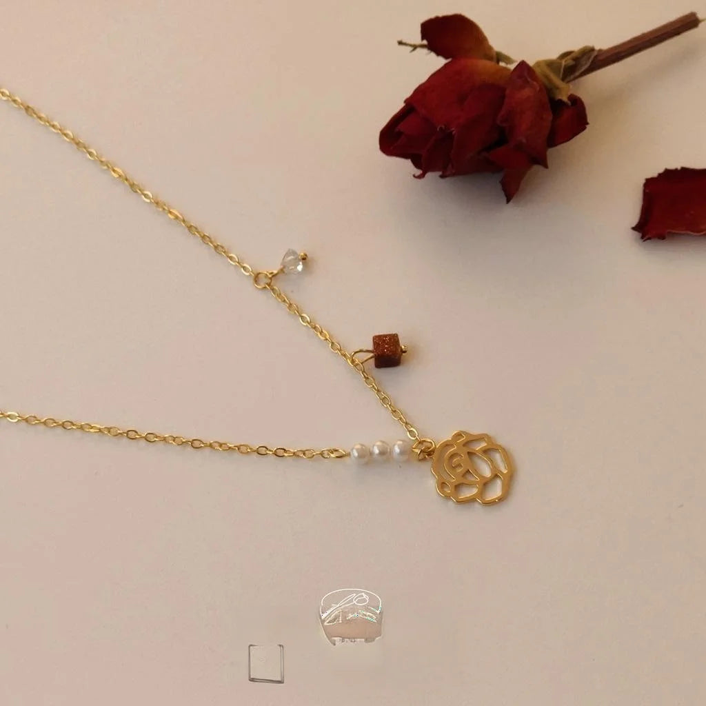 Vintage French Style Gold Plated Copper Pearl Rose Collarbone Necklace For Women