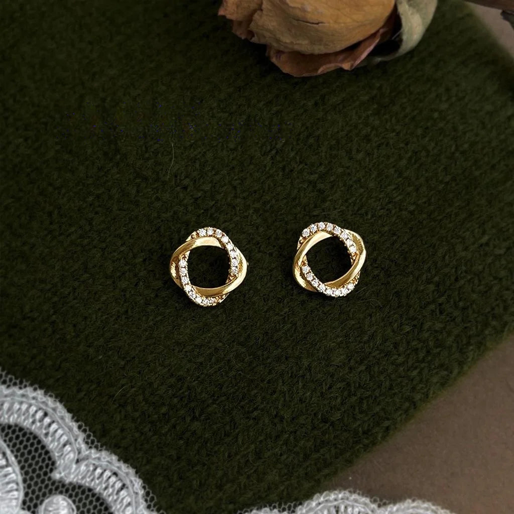 Geometric Zircon Copper Stud Earrings Minimalist Hollow Square Twisted Line Fashion Jewelry