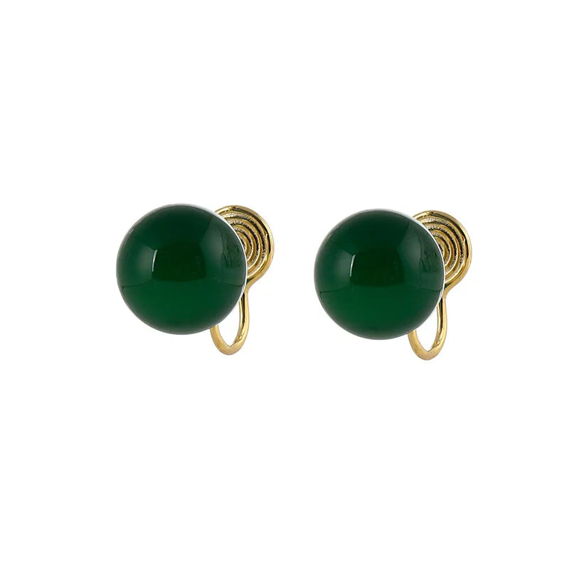 Vintage Green Agate Round Bead Spiral Alloy Stud & Clip On No Piercing Chinese Style Earrings