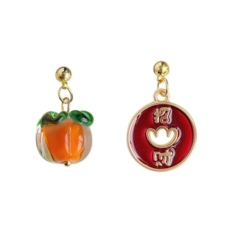 Handmade Chinese Style Asymmetrical Persimmon Ingot Glass Crystal Drop Earrings