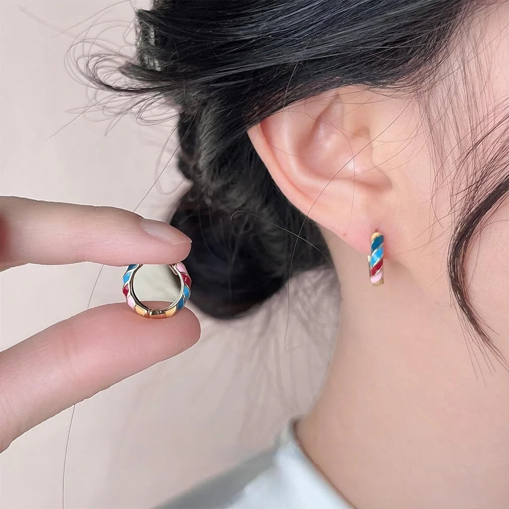 Sweet Minimalist Colorful Enamel Round Geometric Copper Stud Earrings For Daily Wear
