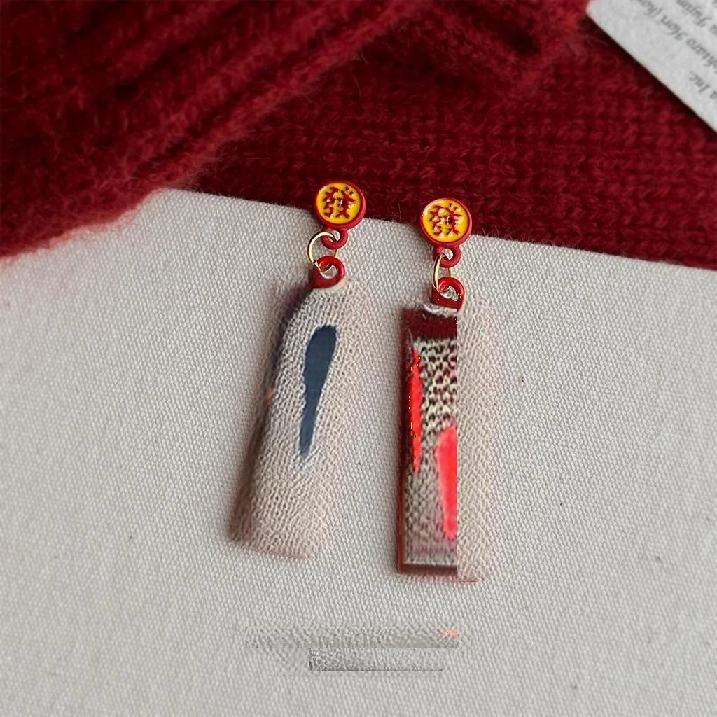 Chinese New Year Copper Enamel Drop Earrings, Geometric Ruyi Auspicious Design
