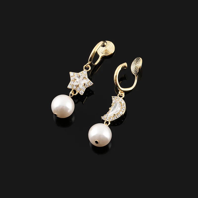 Elegant Luxury Gold Tone Alloy Asymmetric Star Moon Zircon Pearl Stud & Clip On No Piercing Dangle Earrings