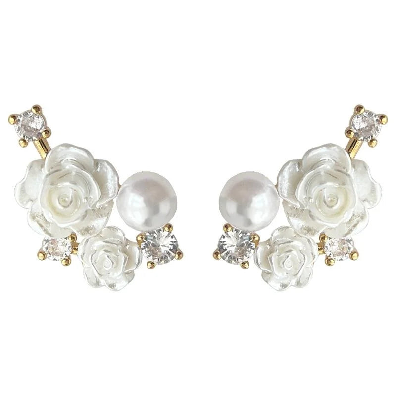 Original Design Resin Pearl Rose Flower Drop Earrings With Micro Pave Zircon