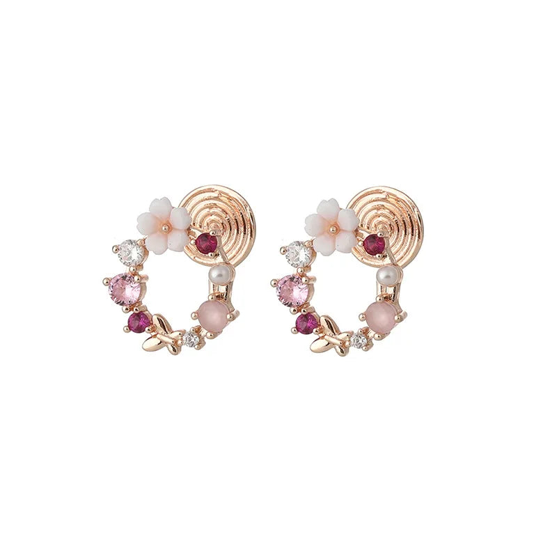 Elegant Floral Wreath Rhinestone Crystal Bow Stud & Clip On No Piercing Korean Style Earrings