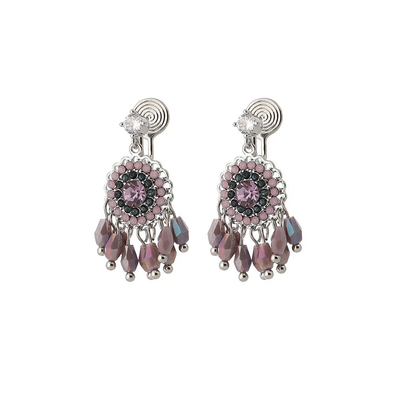 Elegant Vintage Purple Crystal Beaded Dreamcatcher Tassel Alloy Stud & Clip On No Piercing Earrings