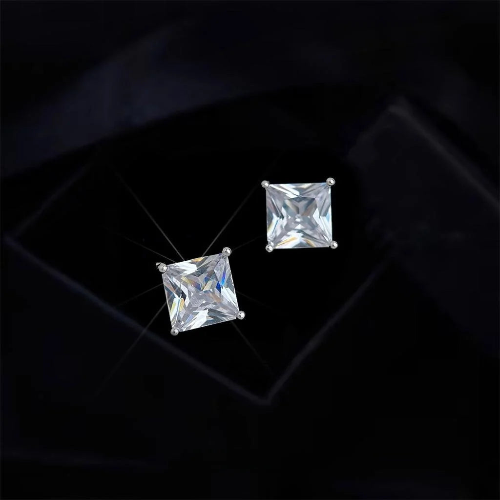 Minimalist Square Zircon Copper Stud Earrings Geometric Sparkly Commuter Jewelry