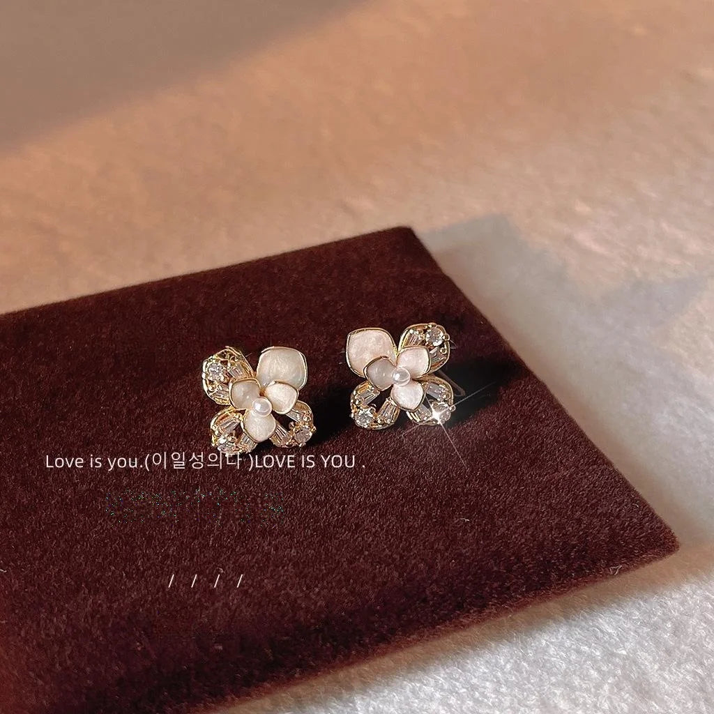 Sweet Floral Stud Earrings 14K Gold Plated Copper Micro Pave Zircon Enamel Flower Design