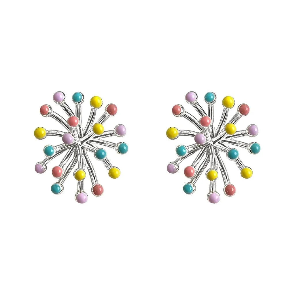 Sweet Fresh Dandelion Colorful Enamel Copper Firework Ball Stud Earrings For Women