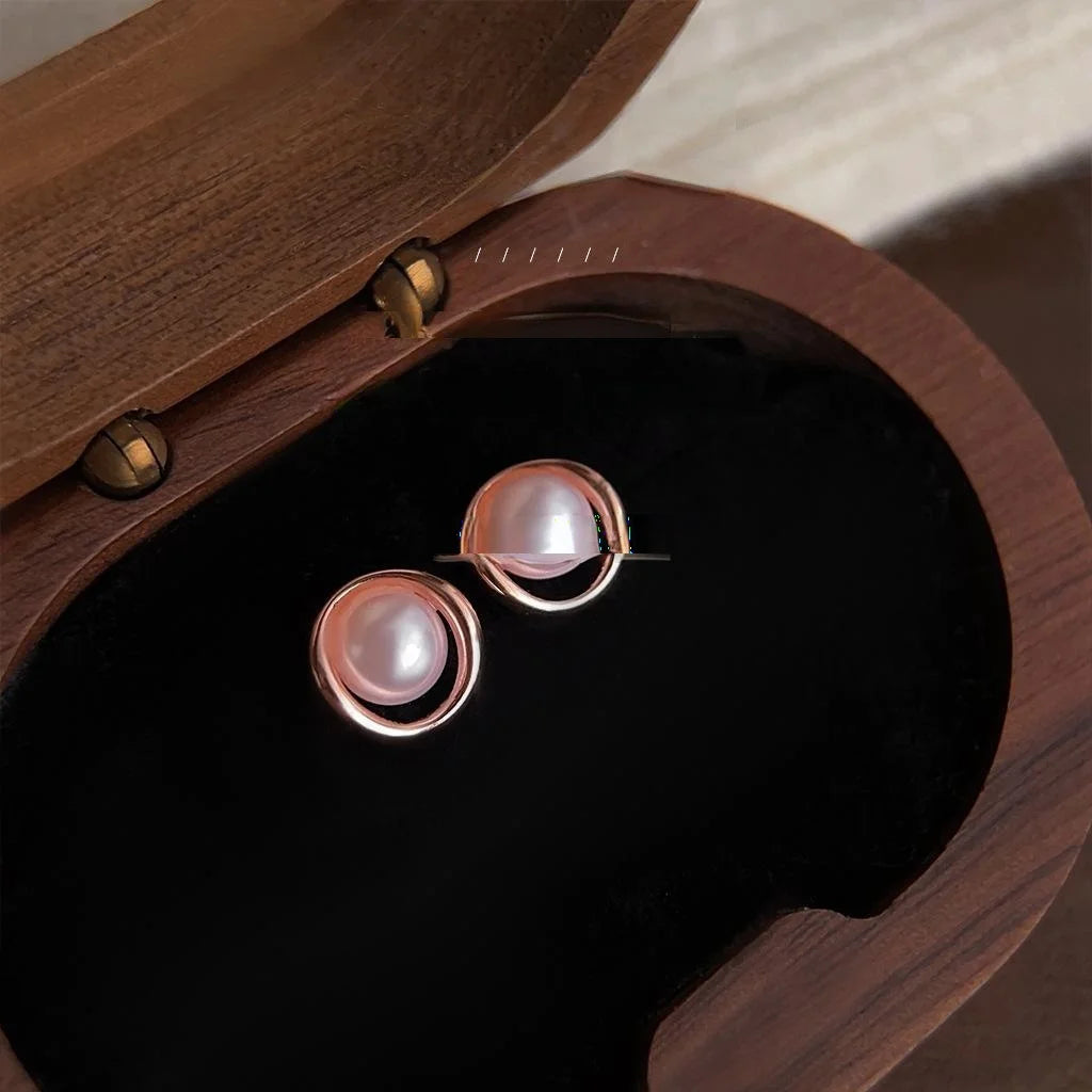 Mini Rose Gold Plated Copper Geometric Round Pearl Stud Earrings Minimalist Office Jewelry