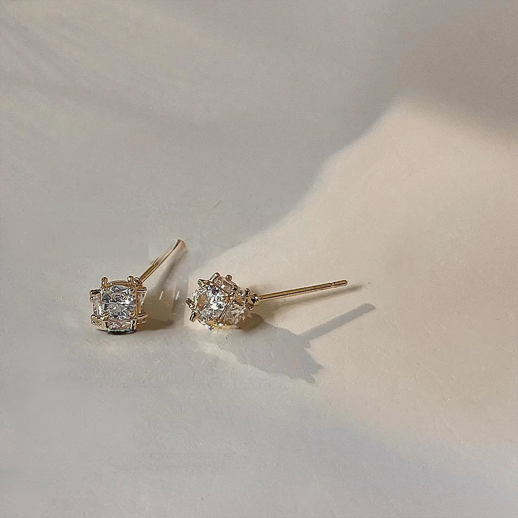 14K Plated Copper Geometric Square Zircon Stud Earrings Shiny Minimalist Luxury Ear Jewelry