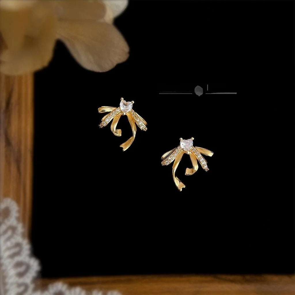 Micro Pave Zircon Heart Bow Stud Earrings, Copper 3D Ribbon Luxury Jewelry