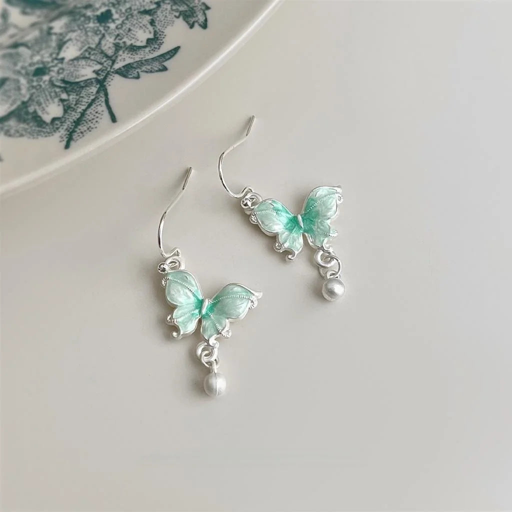 Sweet Forest Style Gradient Green Enamel Butterfly Copper Drop Earrings For Women